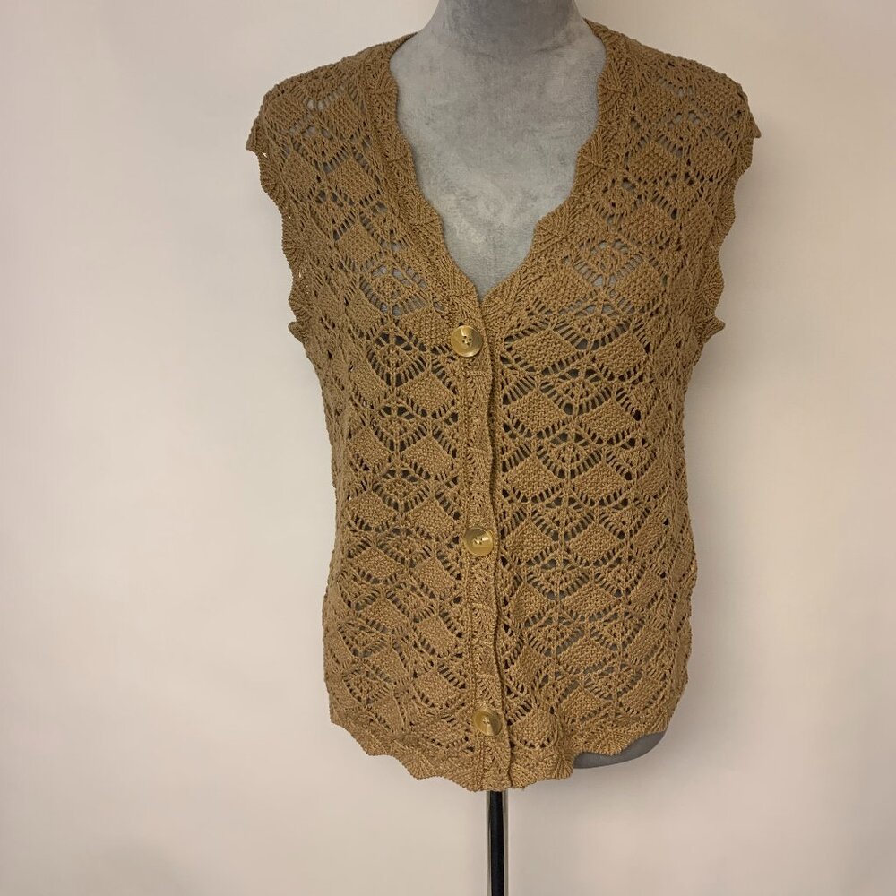 Zara Vest Tan Crochet Boho Button Up Open Knit Mature Grandma Core SZ 13/14